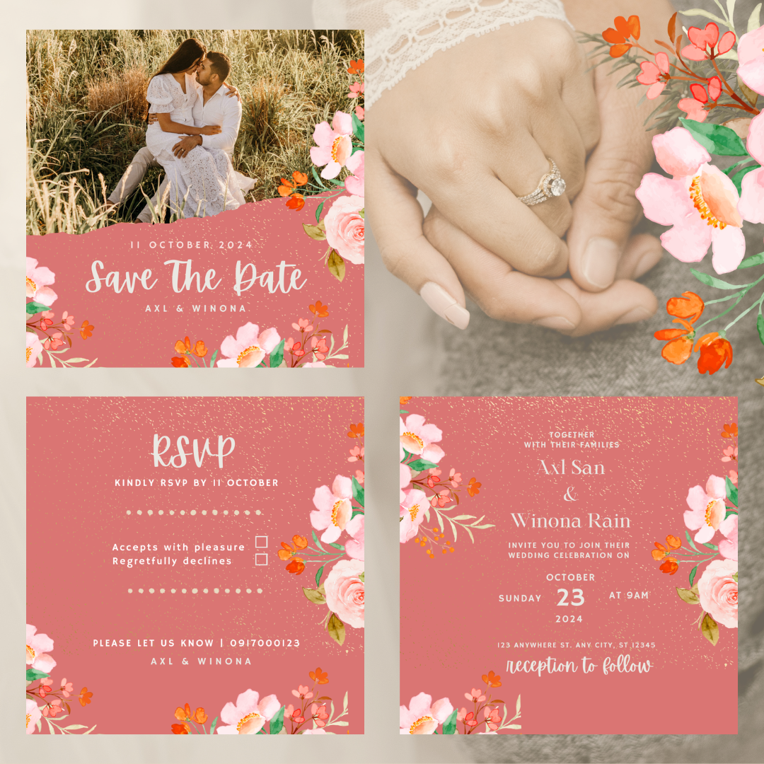 Floral Save The Date, Wedding Invitation Card Instagram and Canva Template